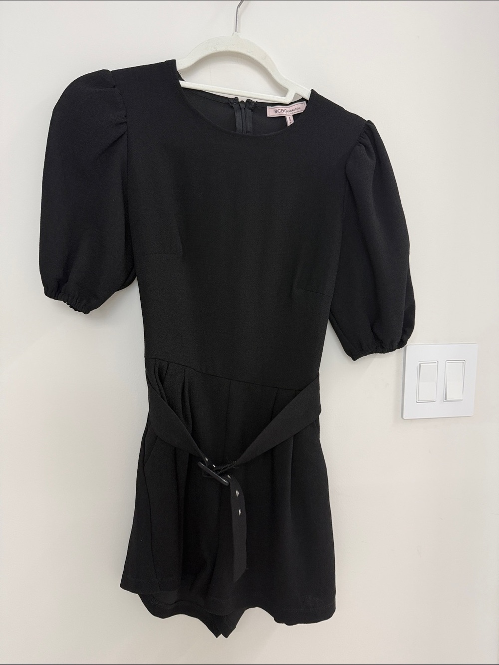 BCBGeneration Black Puff Sleeve Romper Self-Tie Belt